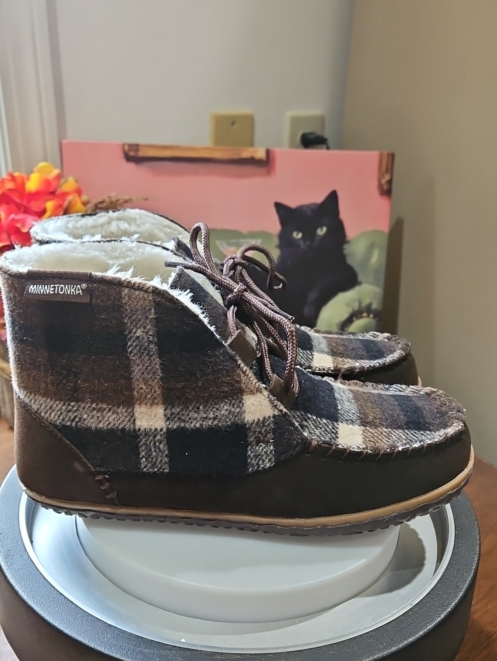 Minnetonka Brown and Cream Plaid Lace-Up Moccasin Slippers